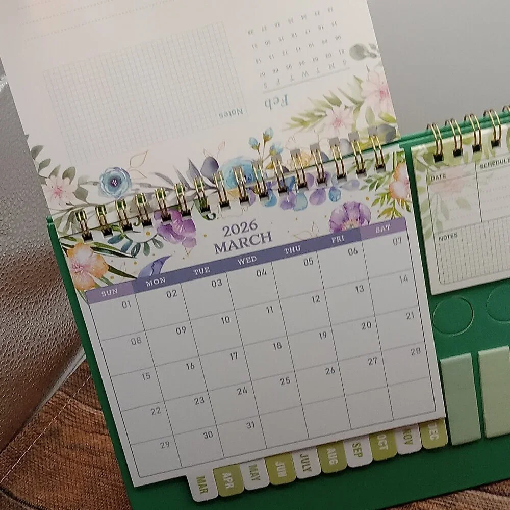 Desktop CALENDAR Small Flip Cardboard Desk SET w/Notes Sticker Tabs GREEN FLORAL